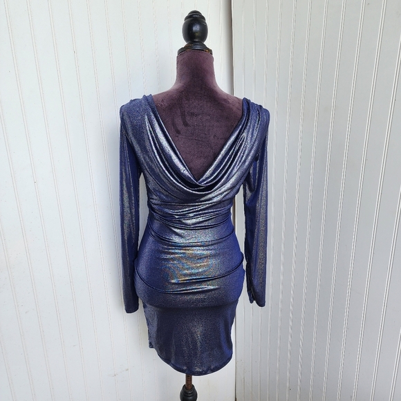 NWT Windsor Navy Blue Metallic Pencil Dress Long Sleeve Stretch Bodycon Bling S - Picture 6 of 16